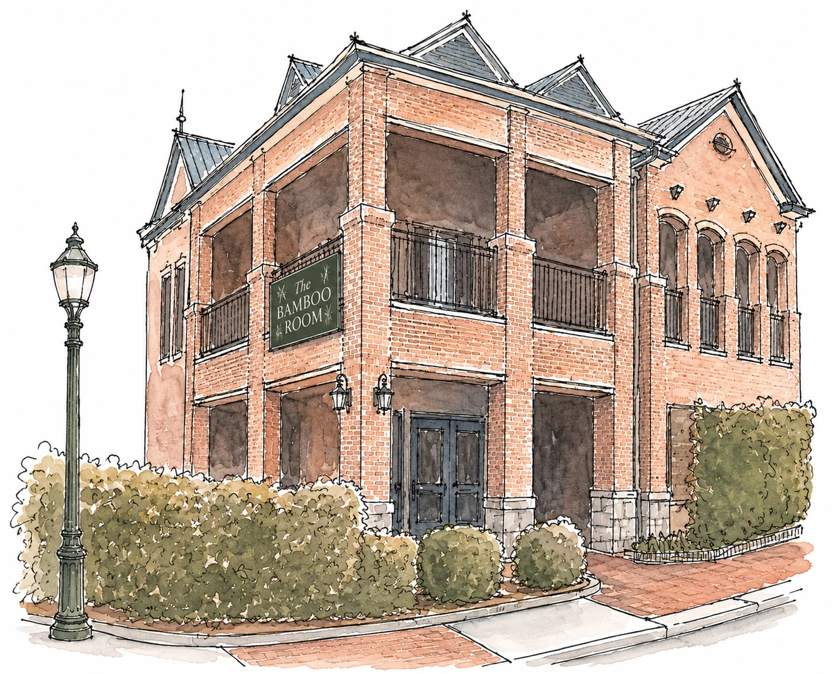 Watercolor illustration of The Bamboo Room, a two-story brick building in Vienna, Virginia